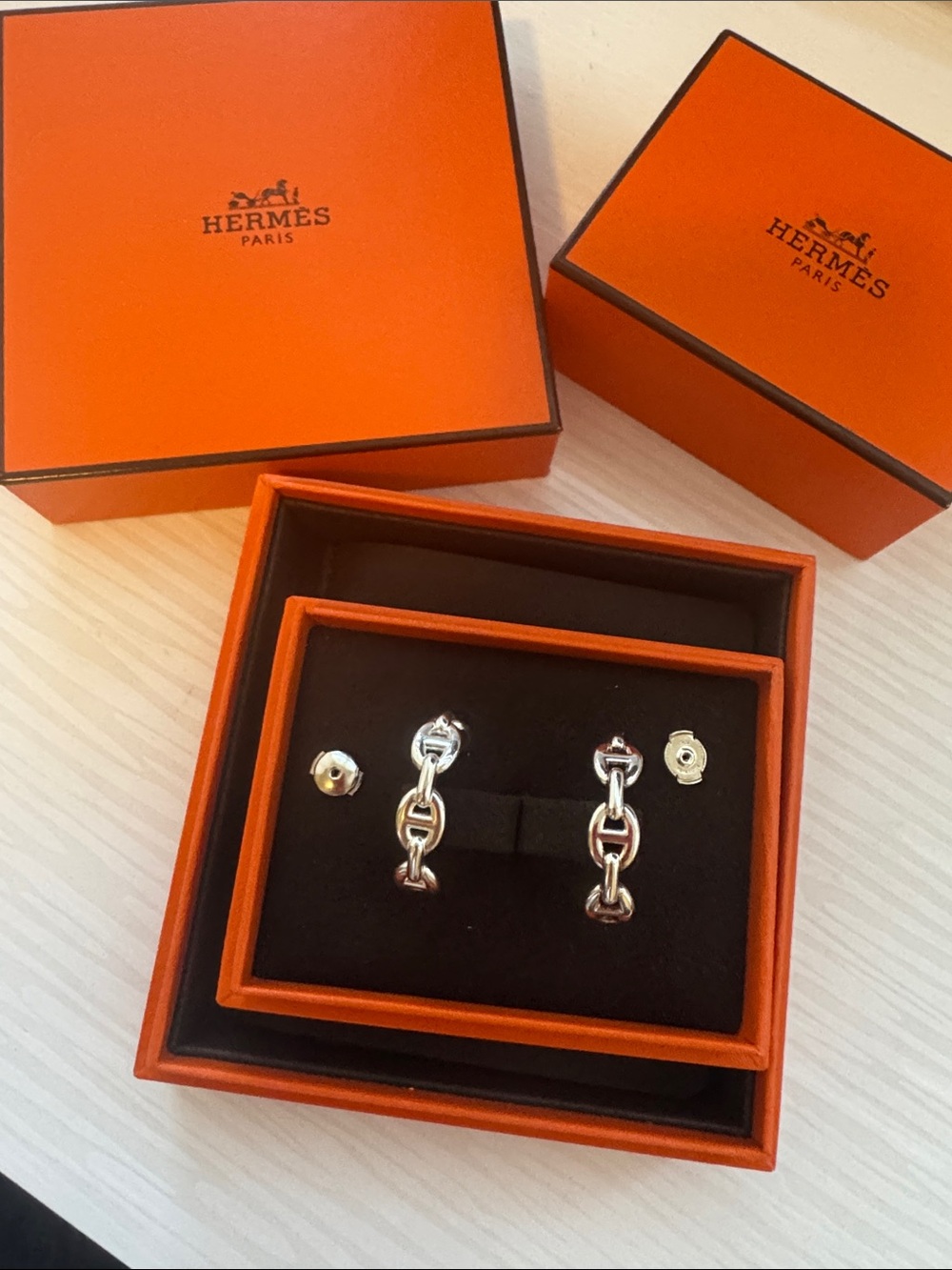 Hermes Silver Chain-Link Drop Earrings